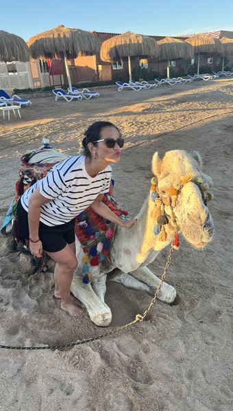 Annette Agnello gibt einem Kamel am Strand in Ägypten einen Luftkuss